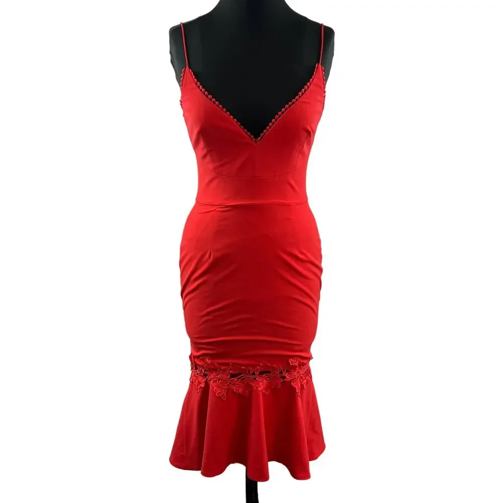 NICHOLAS Phoenix Red Orange Sleeveless V-Neckline Flounce Hem Dress Size 4 - Picture 3 of 10